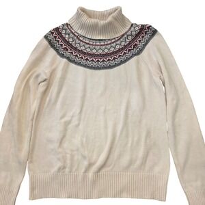 CHARTER CLUB Sz L Cream Fair Isle Turtleneck Sweater Beaded Nordic‎ Winter Knit